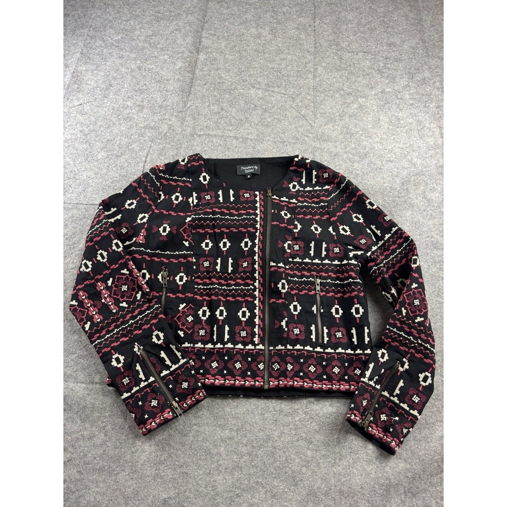 Feathers by Tolani Women's M Aztec Red Boho Embroidered Crop Moto Zip Up Jacket